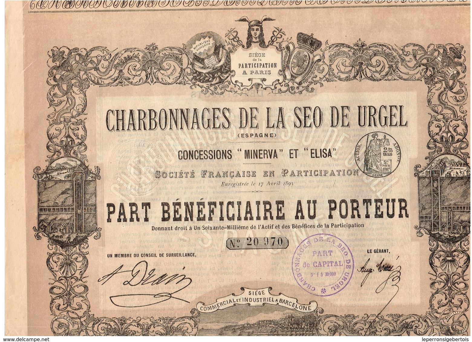 Ancien Titre - Charbonnages De La Seo De Urgel ( Espagne) - Concessions "Minerva" Et "Elisa" - Titre De 1893 - Déco - Mines