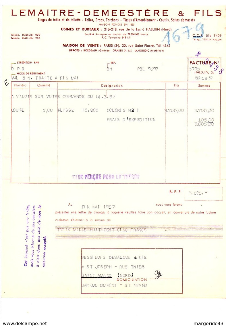 FACTURE LEMAITRE-DEMEESTERE LINGES DE TABLE RUE DE LA LYS à HALLUIN NORD 1957 - Vestiario & Tessile