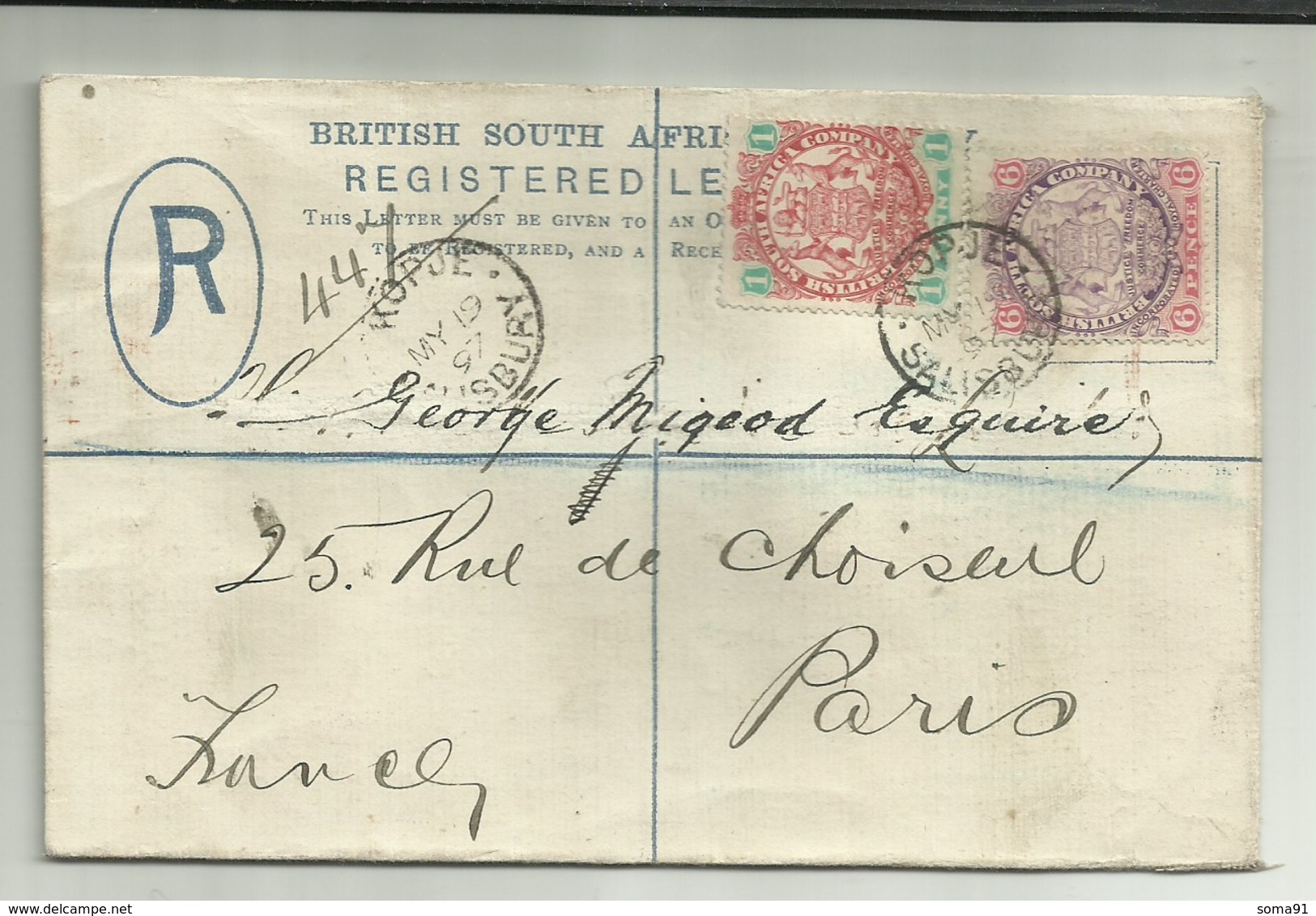 Lettre Recommandé Afrique Du Sud 1897 - Autres & Non Classés