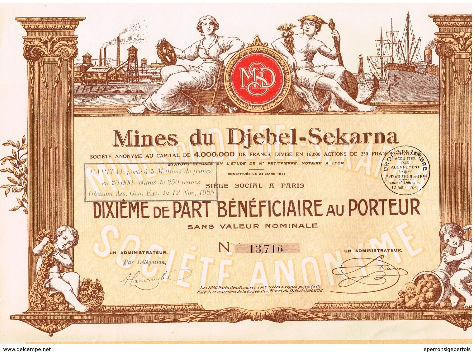 Ancien Titre - MInes Du Djebel-Sekarna - Société Anonyme - Titre De 1921 - Déco - Mijnen