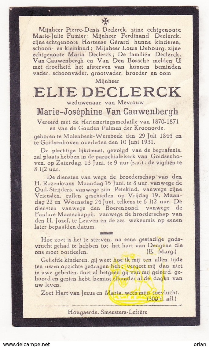 DP Elie Declerck ° Molenbeek-Wersbeek Bekkevoort 1844 † Goetsenhoven Tienen 1931 X Marie J. Van Cauwenbergh - Images Religieuses