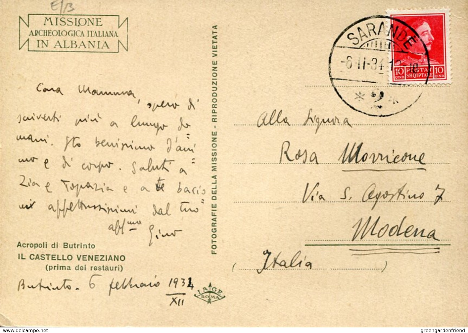 45300 Albania, Circuled Card 1934  From Sarande To Italy, Italian Archeological Mission, See 2 Scan !! Acropoli Di Butri - Albania