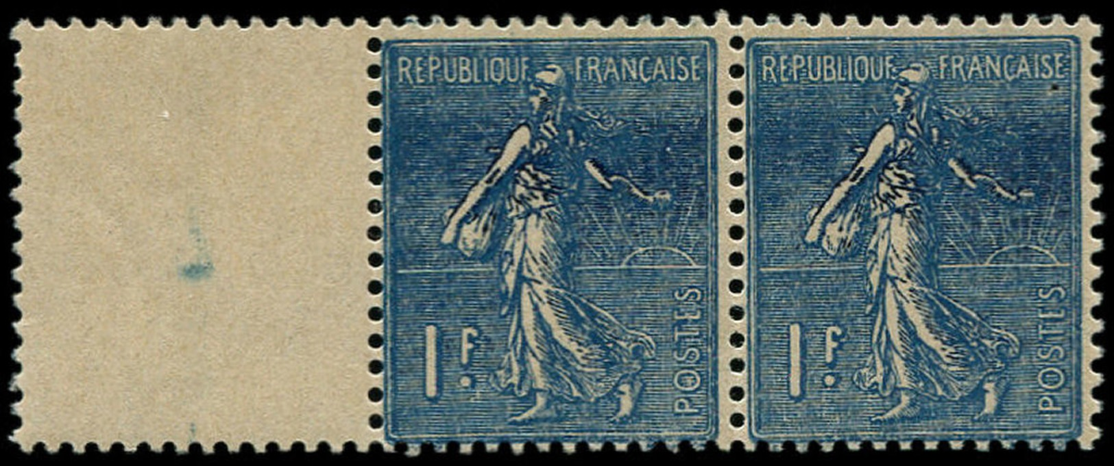 ** FRANCE - Poste - 205, En Paire, Large Barre De Couleur: 1f. Bleu Semeuse - 1849-1850 Ceres