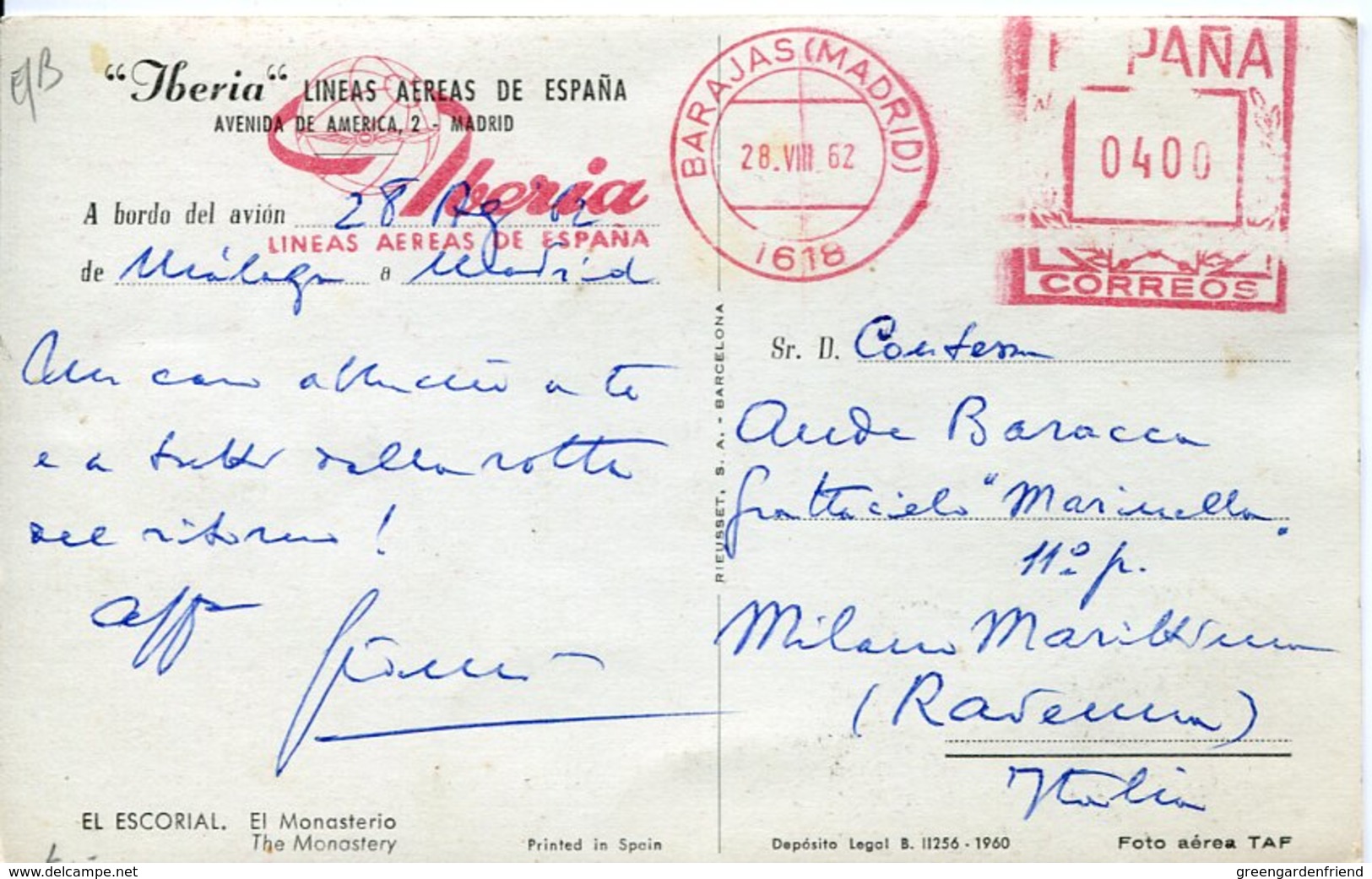 45306 Spain, Red Meter Freistempel Ema,1962 Madrid Barajas Airport Iberia Limeas Aerea De Espana,card Circuled - Máquinas Franqueo (EMA)