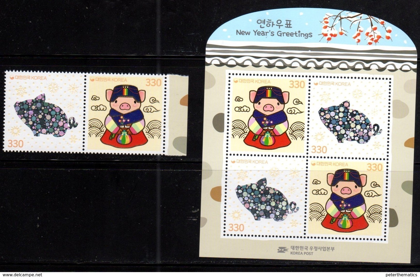 SOUTH KOREA, 2019, MNH, YEAR OF TH PIG,2v+SHEETLET , SILVER FOIL STAMPS - Chinese New Year