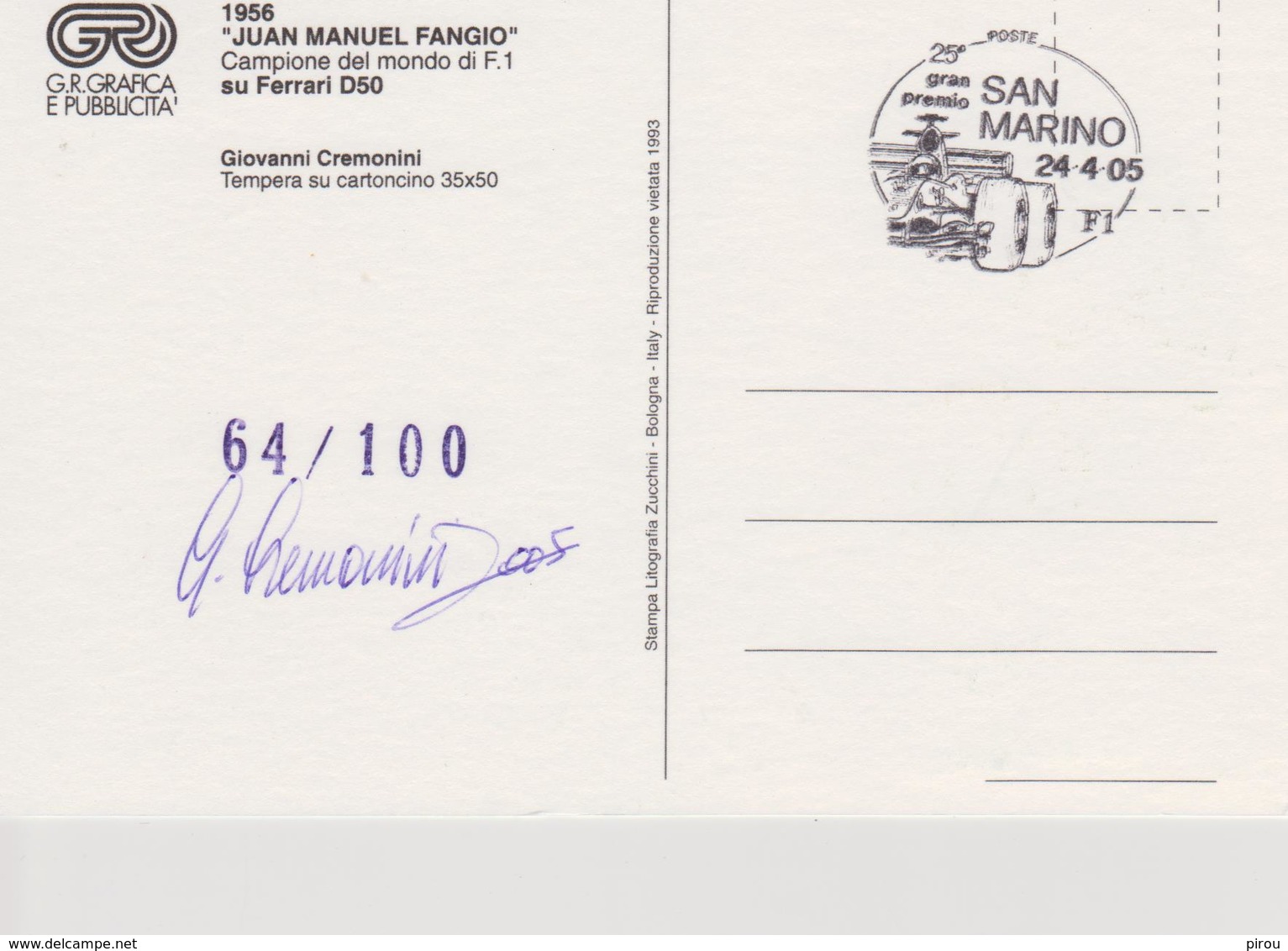 SAN MARINO : FERRARI JUAN MANUEL FANGIO CHAMPION DU MONDE 1956 ( G.CREMONINI Signée De L'auteur) - Automobile