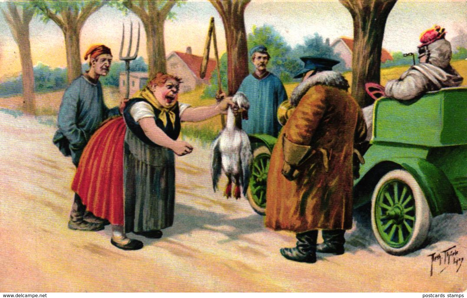 Auto, Automobil, überfahrene Gans, Sign. Arthur Thiele, 1906 - Thiele, Arthur