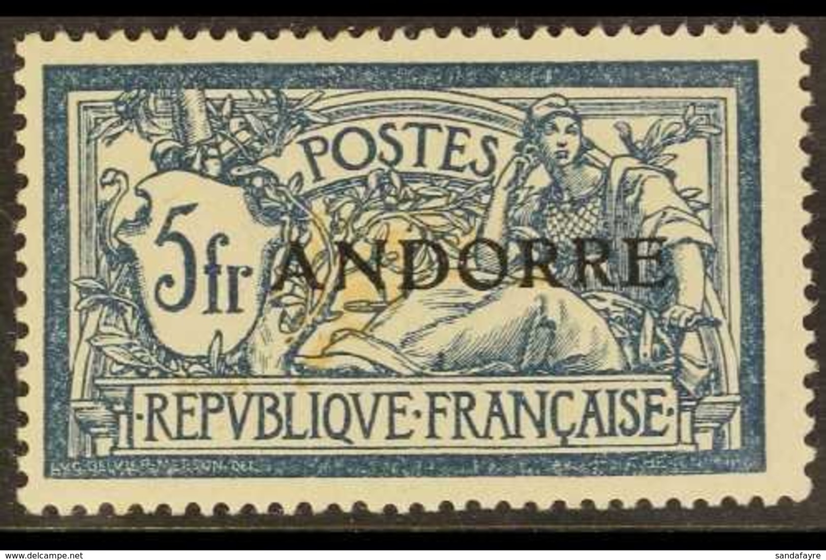 FRENCH POST OFFICES 1931 5F Deep Blue & Buff "ANDORRA" Overprinted, Yv 21, SG F21, Mint With Light Brownish Gum For More - Andere & Zonder Classificatie