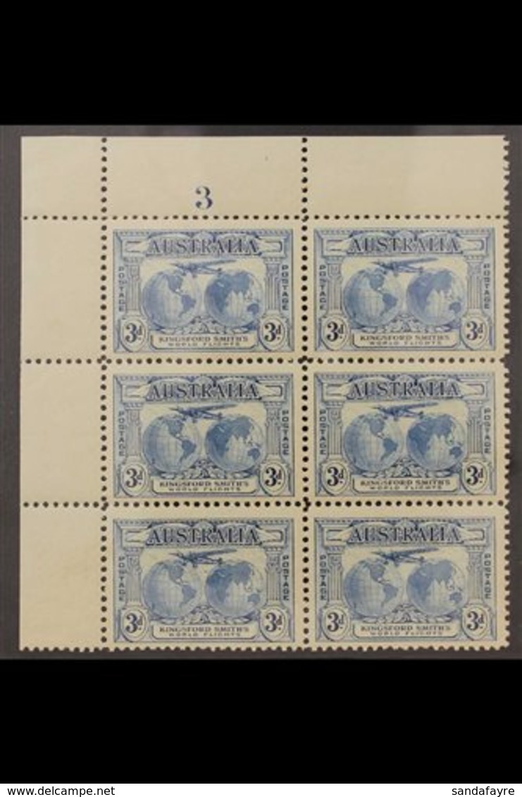 1931 3d Blue Kingsford Smith Variety "Falling Mailbag", SG 122a, In Corner Plate Block Of 6, Never Hinged Mint. For More - Autres & Non Classés