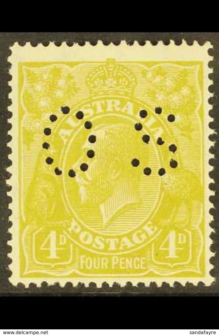 OFFICIAL 1926-30 4d Yellow- Olive Perf 14, Punctured "OS", SG O94, Never Hinged Mint. A Beauty, Scarce In This Condition - Other & Unclassified