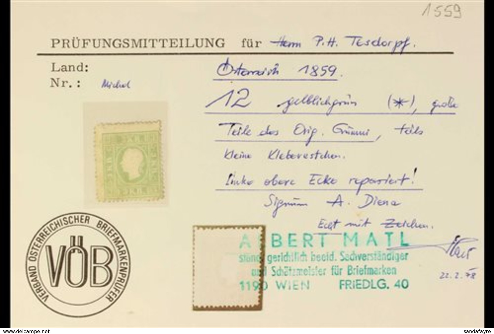 1859 3k Green "Franz Joseph", SG 24 (Michel 12 II), Mint Part Og, Centred Low Right. Signed Diena With Matl Photo Certif - Autres & Non Classés