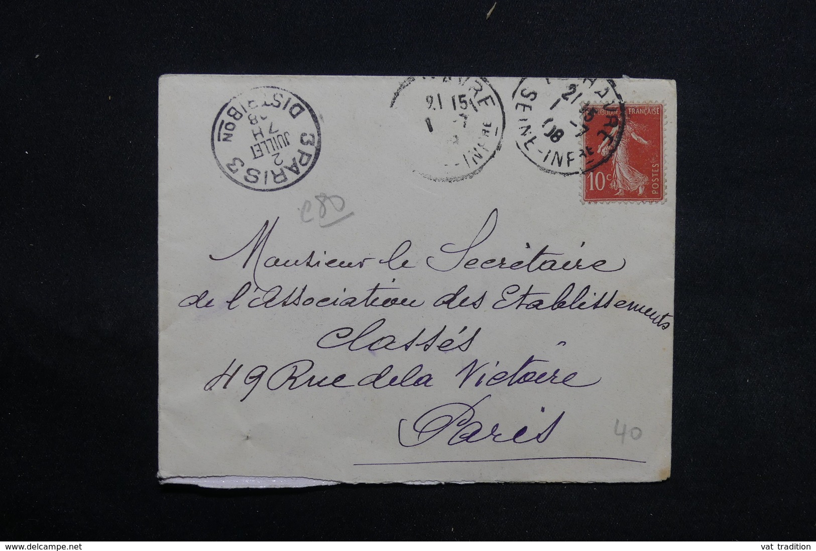 FRANCE - Enveloppe Du Havre Pour Paris En 1908 , Affranchissement Semeuse Chiffres Maigres - L 31248 - 1877-1920: Période Semi Moderne