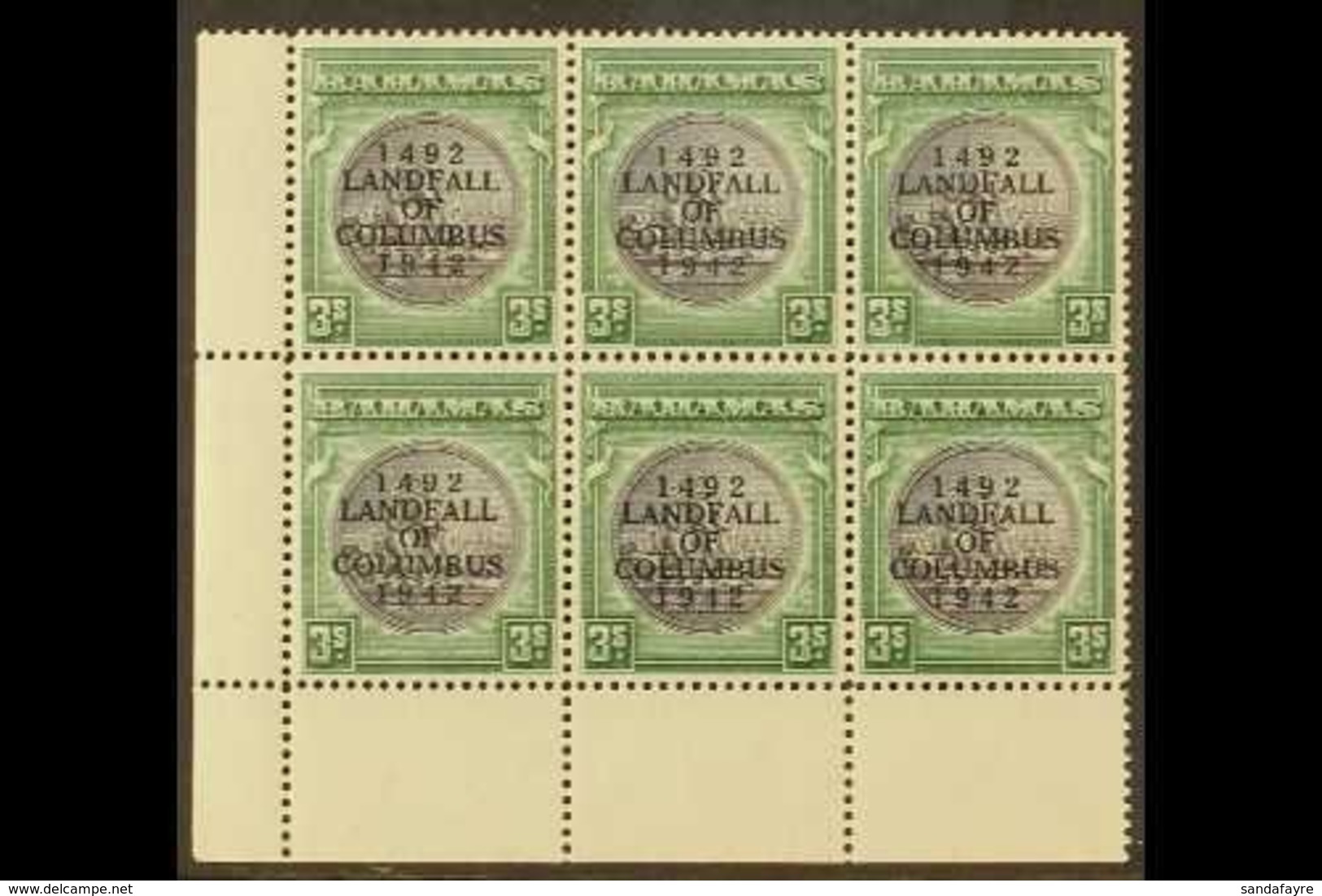 1942 3s Slate Purple & Myrtle Green, SG 173, NHM Lower Left Corner Block Of 6 With Lightly Toned Gum For More Images, Pl - Other & Unclassified