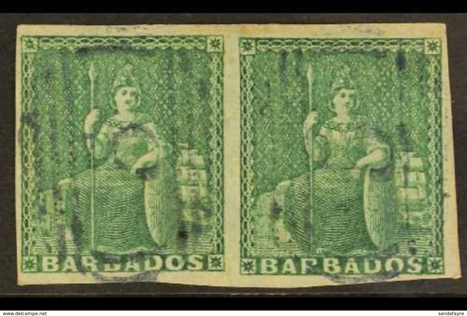 1852 (½d) Deep Green On Blued Paper, Britannia, SG 2, Very Fine Used Pair With Good To Large Margins All Round And Light - Barbades (...-1966)