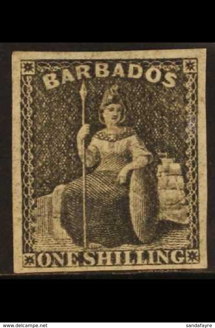 1858 1s Black Britannia, SG 12a, Fine Mint With Four Good Margins. For More Images, Please Visit Http://www.sandafayre.c - Barbados (...-1966)