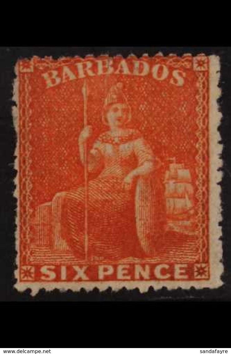 1870 6d Orange-vermilion, Wmk Large Star, Rough Perf 14-16, SG 46, Mint Part OG With Great Colour. Cat £1000. For More I - Barbados (...-1966)