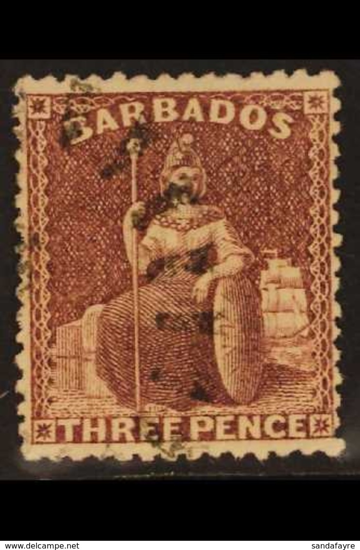 1873 3d Brown-purple Britannia, SG 63, Good Colour And Neat Boot-heel Cancel. For More Images, Please Visit Http://www.s - Barbados (...-1966)