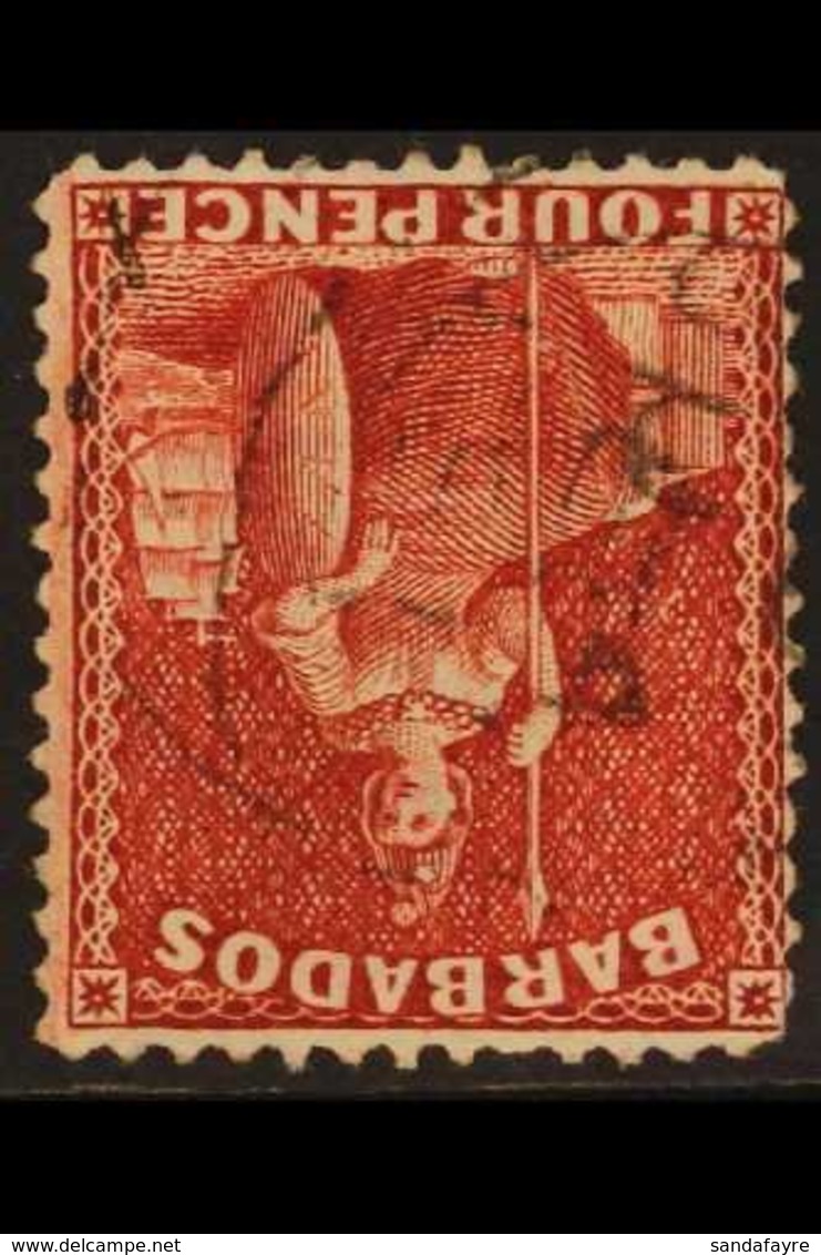 1875-81 4d Red Britannia, SG 76, WATERMARK INVERTED AND REVERSED, Unlisted In SG, Fine Used. For More Images, Please Vis - Barbades (...-1966)