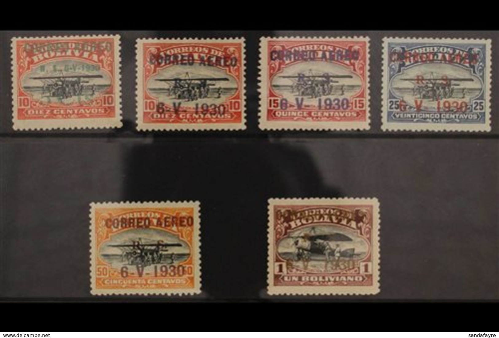 1930 Airmail "Correo Aereo" Ovpts Set, Scott C11/12, C14/16, C18, Fine Mint, 1b Signed Diena (6 Stamps). For More Images - Bolivie