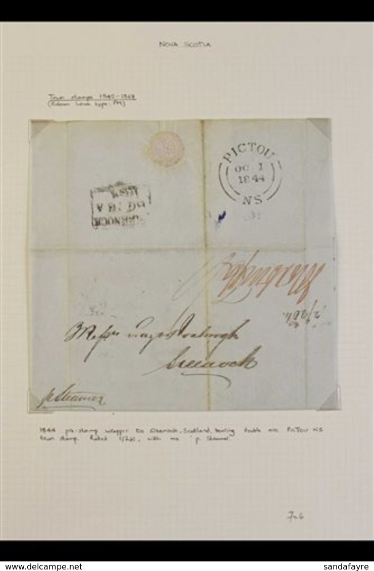 1844-1866 STAMPLESS MAIL. Includes 1844 Entire To Greenock (Ireland) With "Pictou" Cds And Boxed "Greenock" Cancels, 185 - Andere & Zonder Classificatie