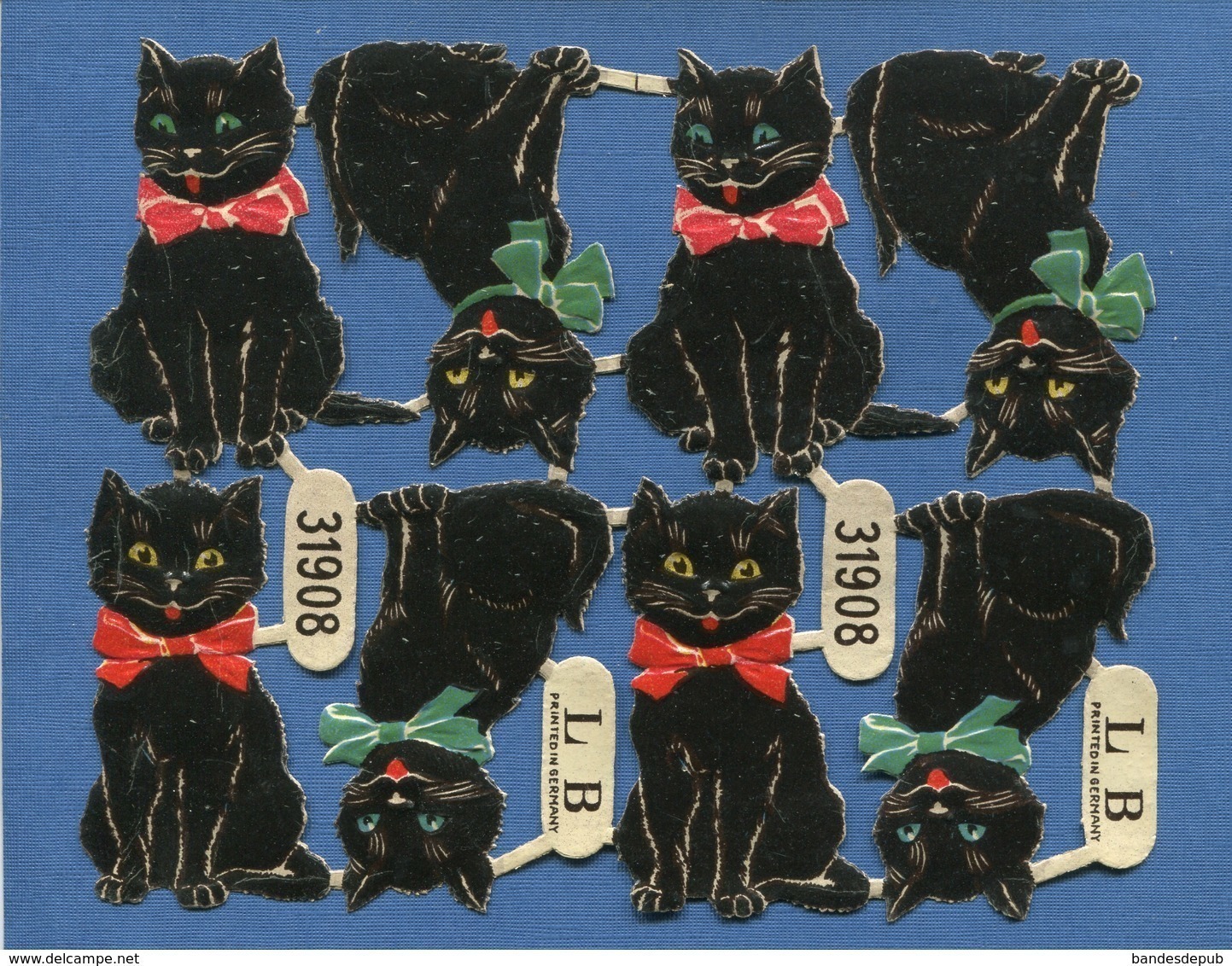 Bel Ensemble Chromos Decoupis Chat Noir Flot Rouge Ou Vert Yeux Verts Ou Jaunes  Encore Attachés LB Germany - Animals