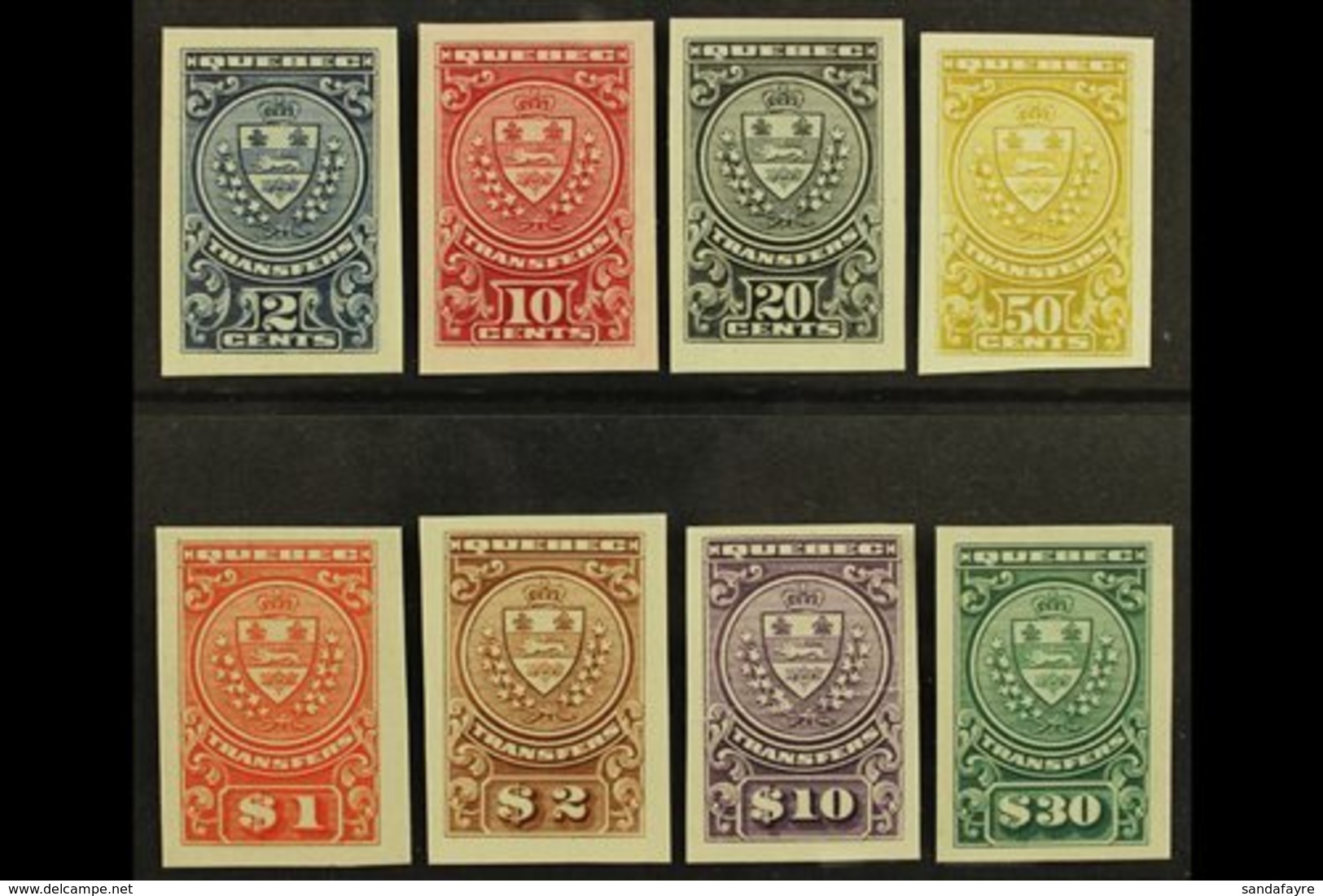 REVENUE STAMPS QUEBEC 1907 Stock Transfer Complete Set (as Barefoot 1/8) IMPERF PROOFS On Card, Van Dam QST 1-8P. The $1 - Andere & Zonder Classificatie