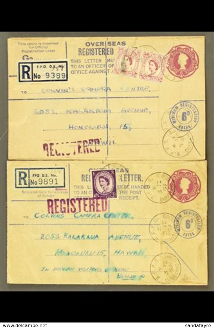 1959 (Jan) GB 6d Registered Envelope With Additional 6d Wilding Pair, Cancelled BFPO Christmas Island Cds's, Sent To Haw - Christmaseiland