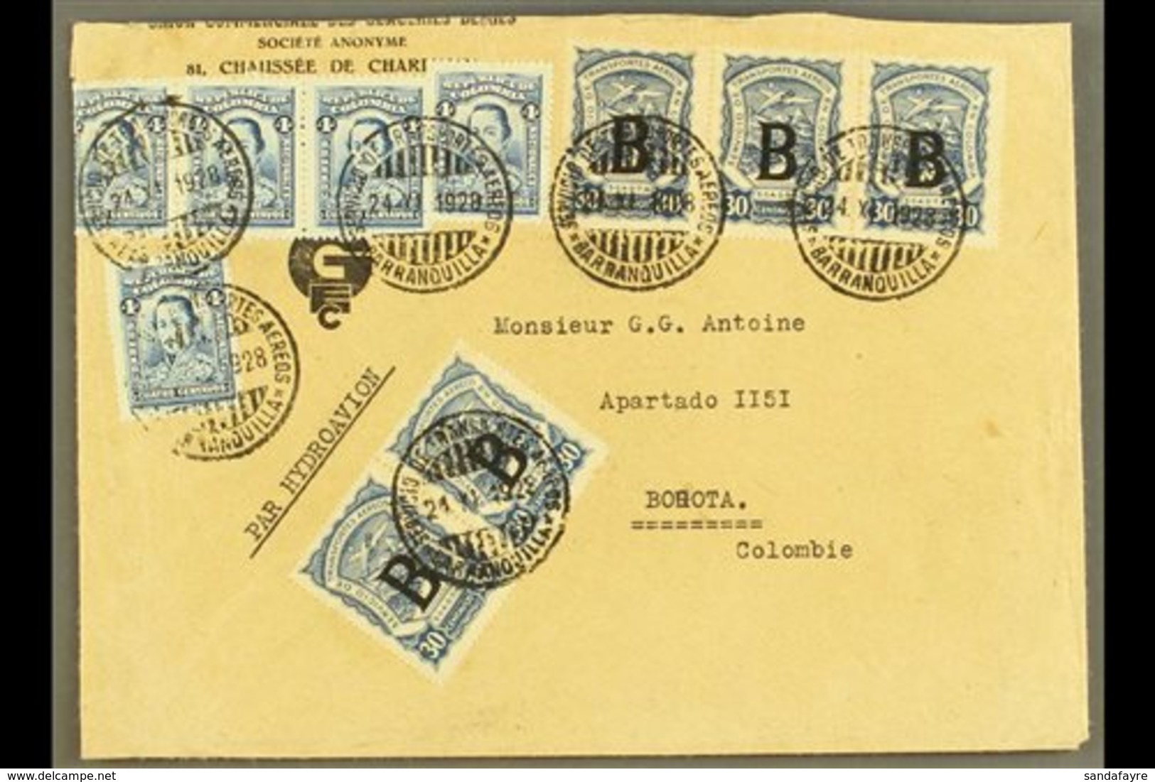 SCADTA 1928 (24 Nov) Cover From Belgium Addressed To Bogota, Bearing Colombia 4c (x5) And SCADTA 1923 30c (x5 - Pair & S - Colombia