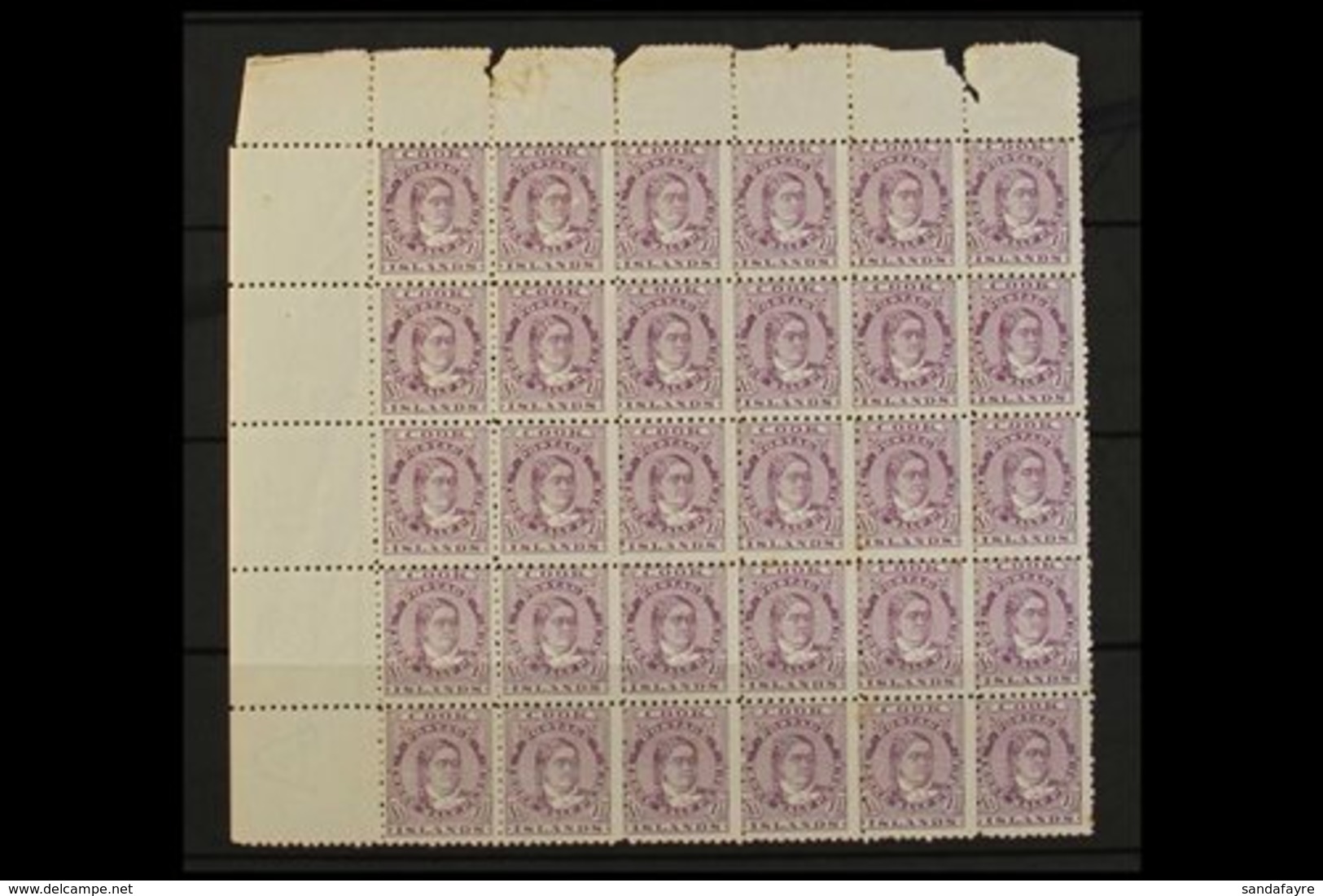 1896 1½d Deep Lilac Queen Makea Takau, SG 14, Upper Left Corner Block Of Thirty (6 X 5), Unmounted Mint, Age Marks On So - Cook