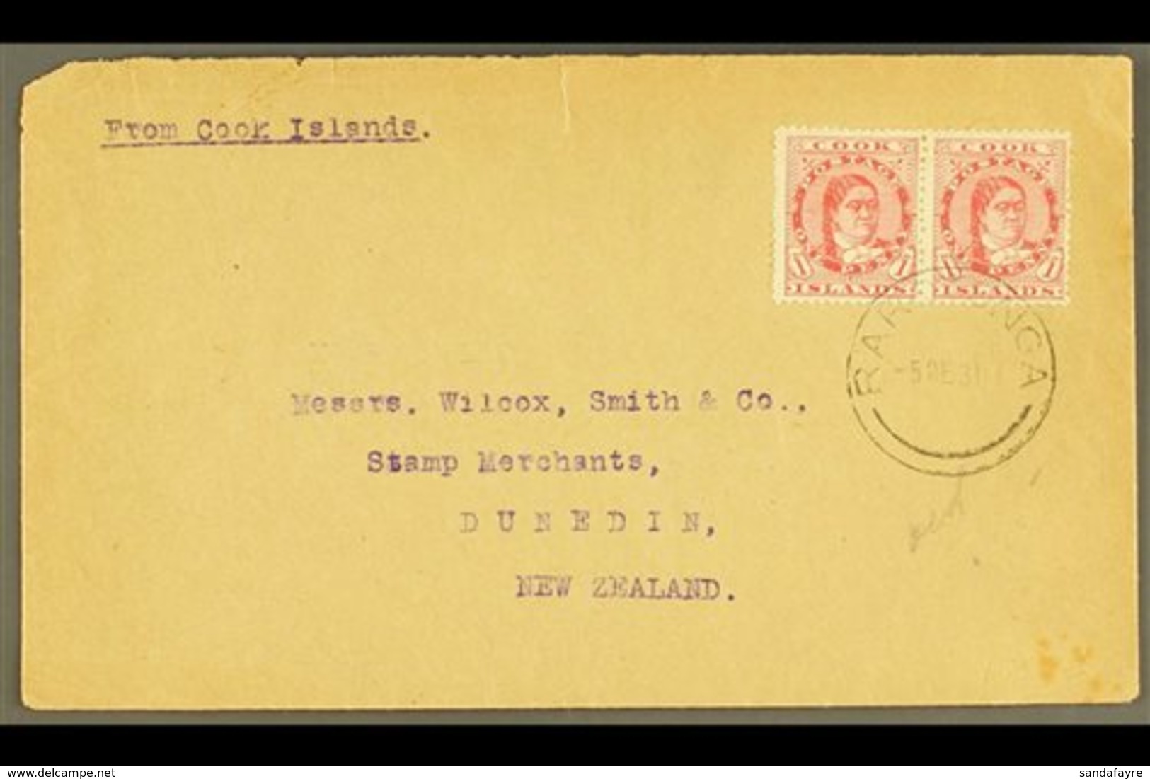 1931 (Dec) Envelope To New Zealand, Bearing 1d Rose-red Queen Pair Tied B Rarotonga Cds (Burge A7), Peripheral Faults. F - Cookeilanden