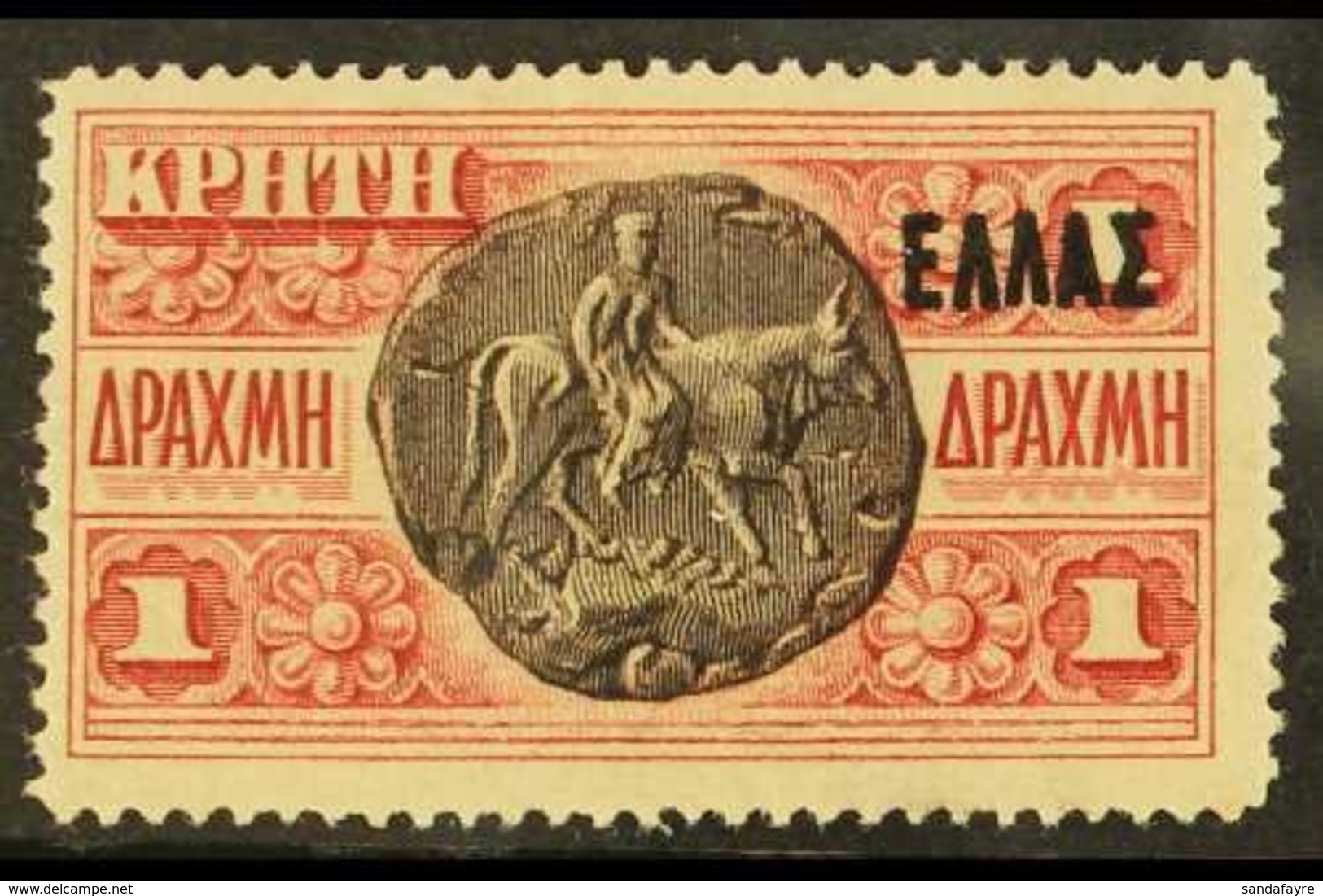 PROVISIONAL GOVERNMENT 1908 1 Drachma Sepia & Carmine, "Greece" Overprinted, SG 40, Fine Mint For More Images, Please Vi - Other & Unclassified