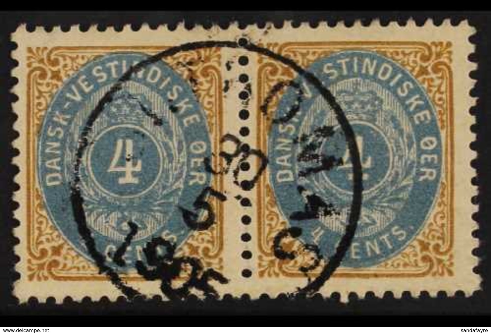 1896-1902 4c Pale Blue And Yellow-brown, Perf 12½, Horizontal Pair, Both With FRAME INVERTED, Very Fine Used With Neat " - Danish West Indies