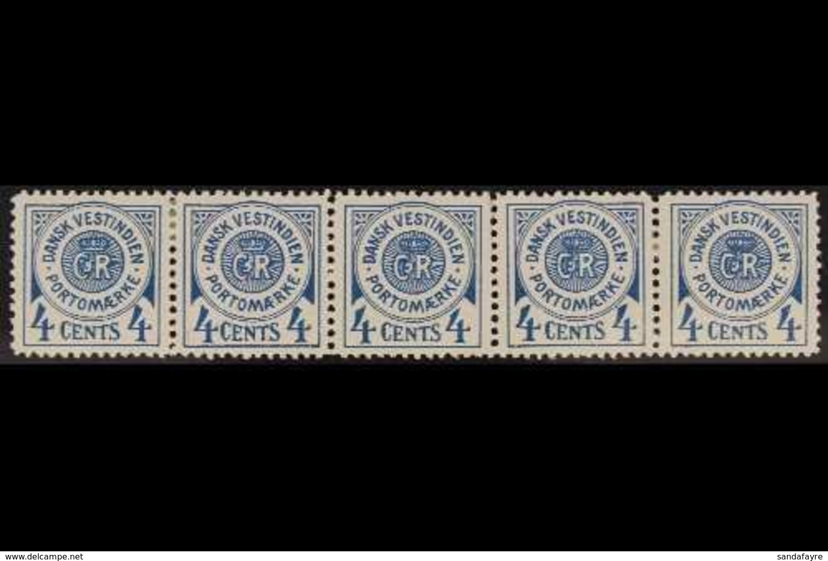 POSTAGE DUE 1902 4c Blue, Five Different Types In One Strip, Facit L2v, Fine Mint, Some Perf Separation. (strip Of 5 Sta - Dänisch-Westindien