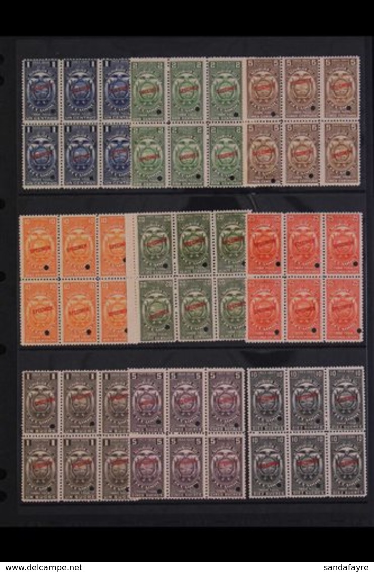 REVENUE STAMPS - SPECIMEN OVERPRINTS 1923-24 "Timbre Fiscal" Complete Set (1c To 10s) In NEVER HINGED MINT BLOCKS OF SIX - Equateur