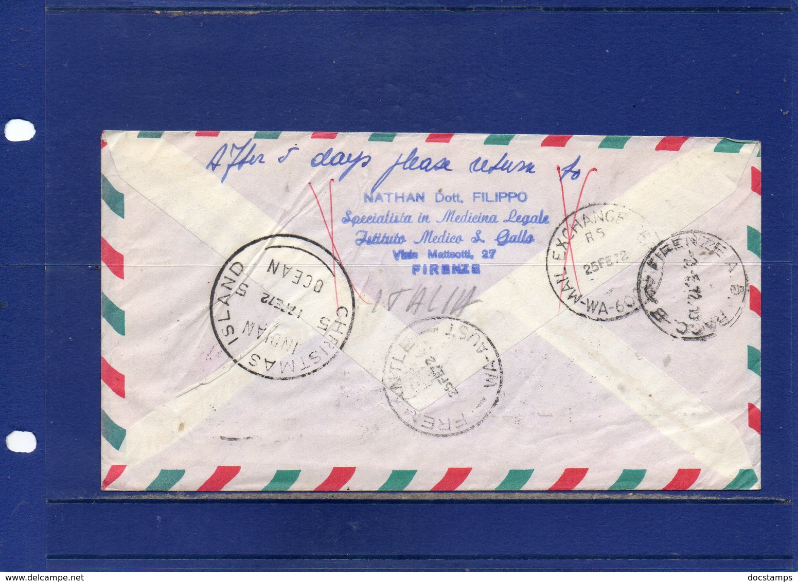 ##(DAN197)-Venezuela 1972-Registered Air Mail Cover To  Christmas Island, Retour To Sender To Firenze-Italy - Venezuela