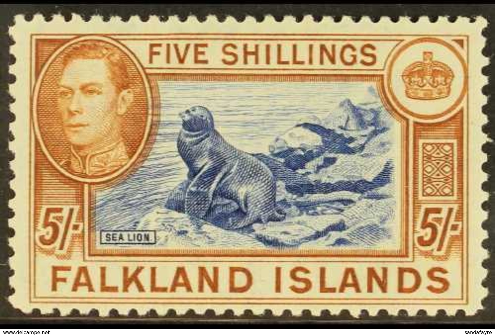 1938-50 5s Blue & Chestnut "Southern Sea Lion", SG 161, Fine Lightly Hinged Mint For More Images, Please Visit Http://ww - Falkland