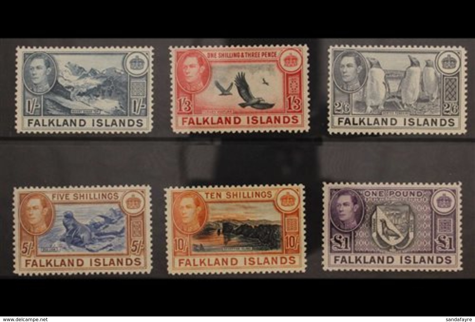 1938-50 NHM HIGH VALUES SET. KGVI Definitive Top Values, 1s To £1, SG 158/63, Never Hinged Mint. (6 Stamps) For More Ima - Falklandinseln