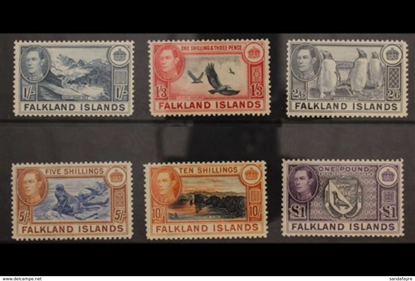 1938-50 NHM HIGH VALUES SET. KGVI Definitive Top Values, 1s To £1, SG 158/63, Never Hinged Mint. (6 Stamps) For More Ima - Falklandeilanden