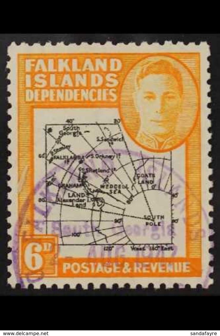 1946-49 VARIETY 6d Black & Orange, "EXTRA ISLAND" Variety On Thick & Coarse Map Issue, SG G6aa, Very Fine Used With Low  - Falklandeilanden