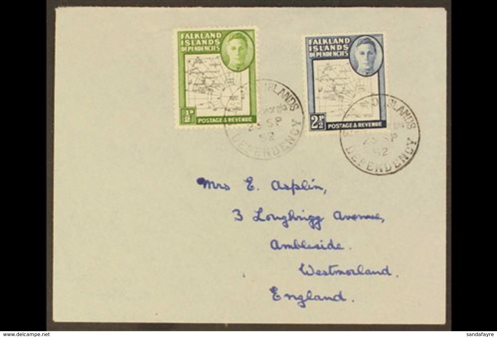 1952 VARIETIES ON COVER (Sep 23rd) Cover To Ambleside, UK (no Backflap) Franked ½d Coarse Map Bearing "Gap In 80th Paral - Falkland Islands