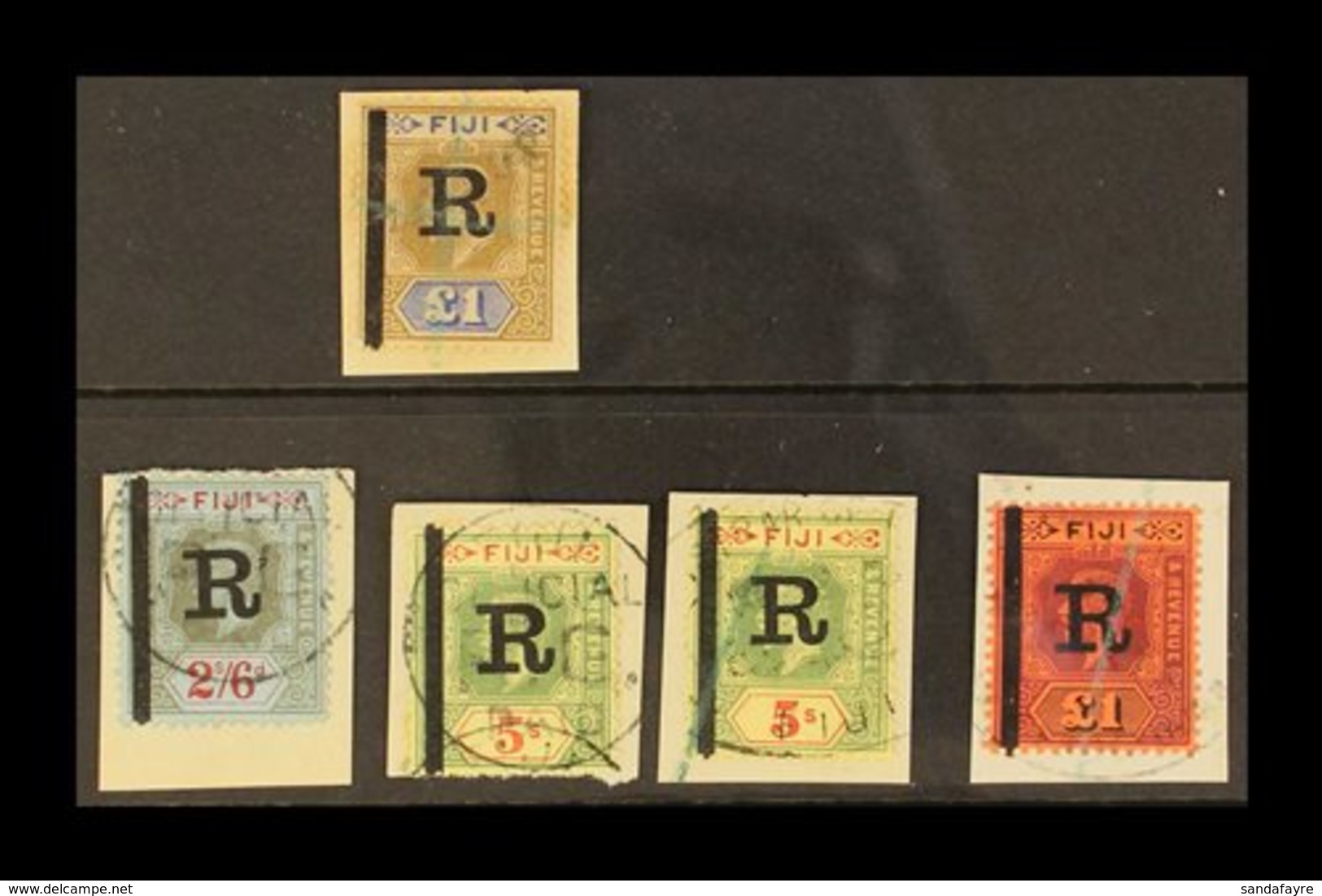 REVENUES Small Group, Incl. KEVII 1910 £1 Black & Blue, 1914 KGV 2s6d, 5s (x2) & £1 Purple 7 Black On Red, Barefoot 17,  - Fiji (...-1970)