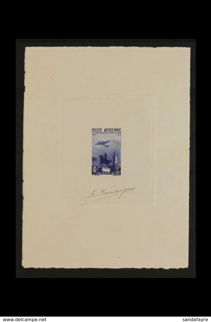 ALGERIA 1949 SUNKEN DIE PROOF In Dark Blue For The 15fr+20fr Stamp Anniversary (Aircraft Over Statue), As Yvert 13 Of SG - Andere & Zonder Classificatie