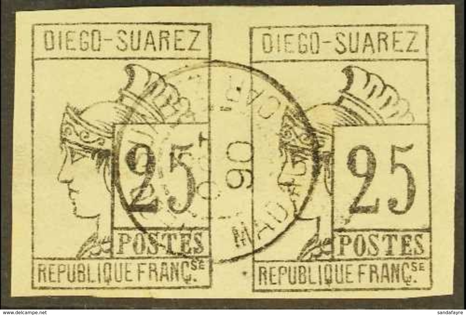 DIEGO-SUAREZ 1890 25c Grey-black, Imperforate PAIR, Yvert 9, SG 9, Very Fine Used, 4 Margins. For More Images, Please Vi - Other & Unclassified