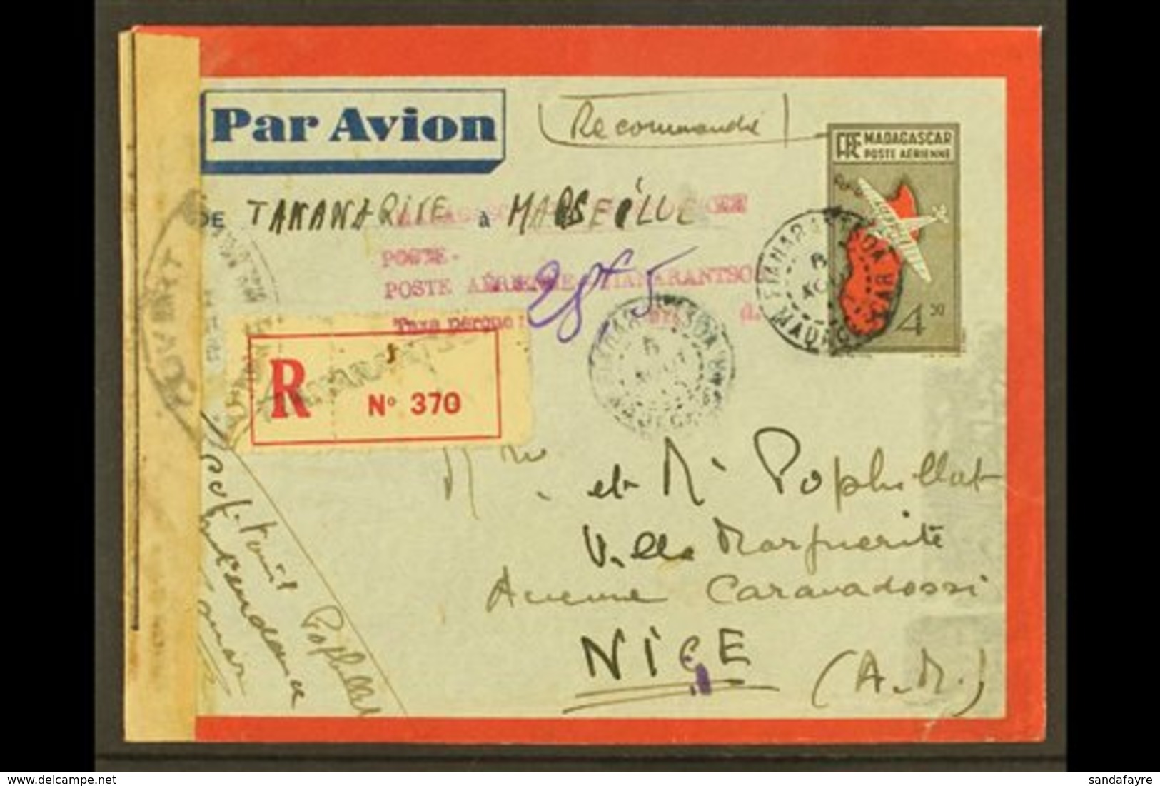 MADAGASCAR 1945 Registered 4.50f CENSOR COVER To Nice, France With Postage Due Cachet. Seldom Seen For More Images, Plea - Sonstige & Ohne Zuordnung