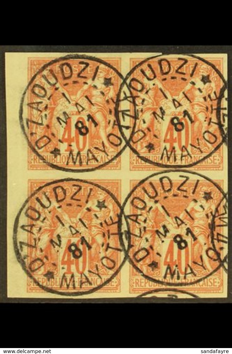 MAYOTTE 1877-79 40c Red On Yellow Sage General Issue (Yvert 27, Maury 34), Superb Used Marginal IMPERF BLOCK Of 4 Cancel - Sonstige & Ohne Zuordnung