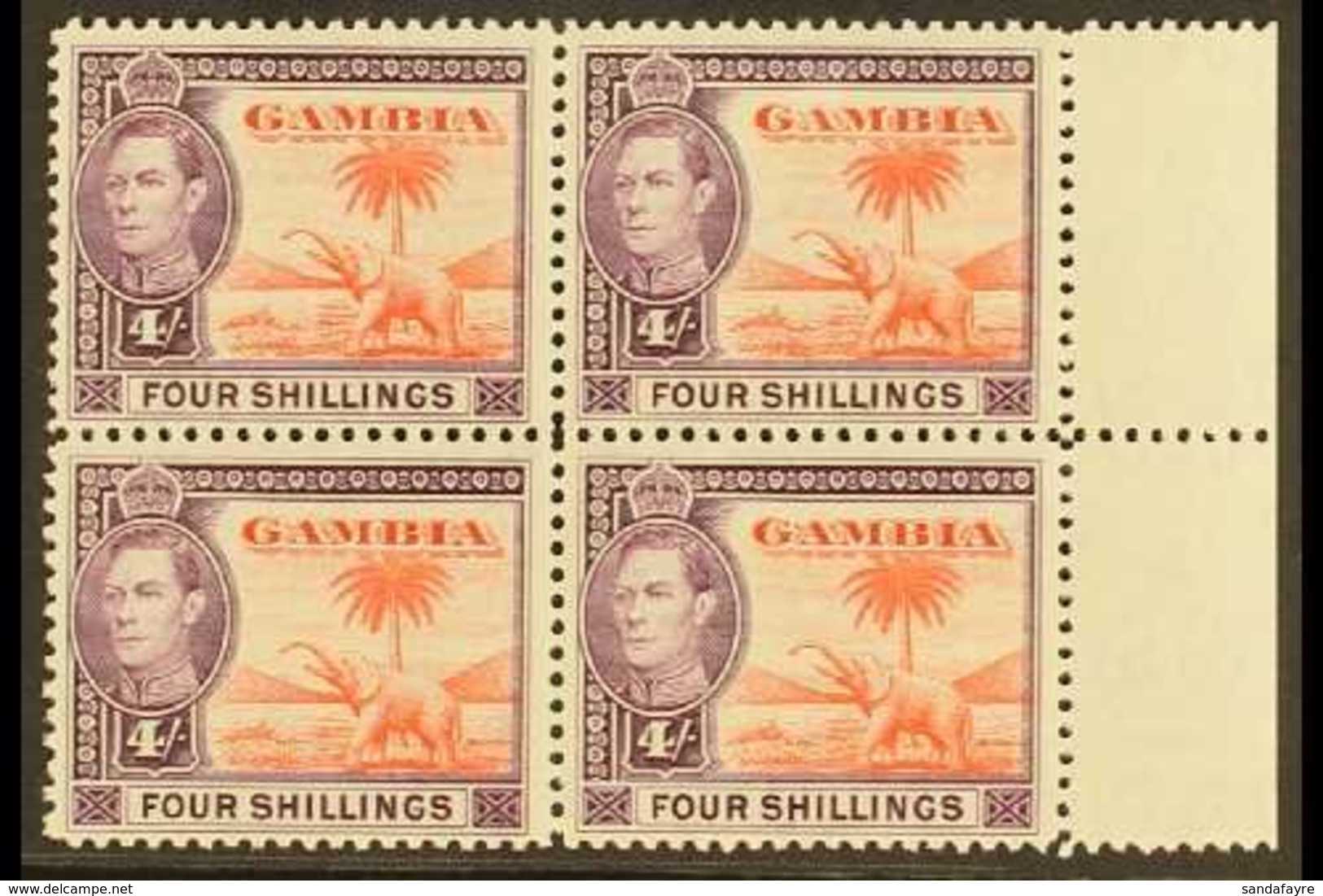 1938-46 4s Vermillion & Purple, SG 159, Never Hinged Mint Marginal Block Of 4 (4) For More Images, Please Visit Http://w - Gambia (...-1964)