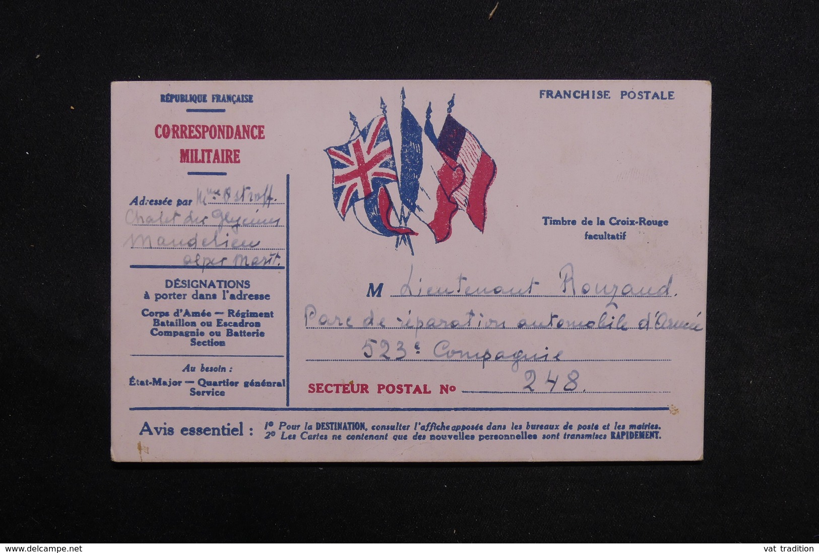 FRANCE - Carte FM De Mandelieu Pour Secteur Postal 248 - L 31252 - Guerre De 1939-45