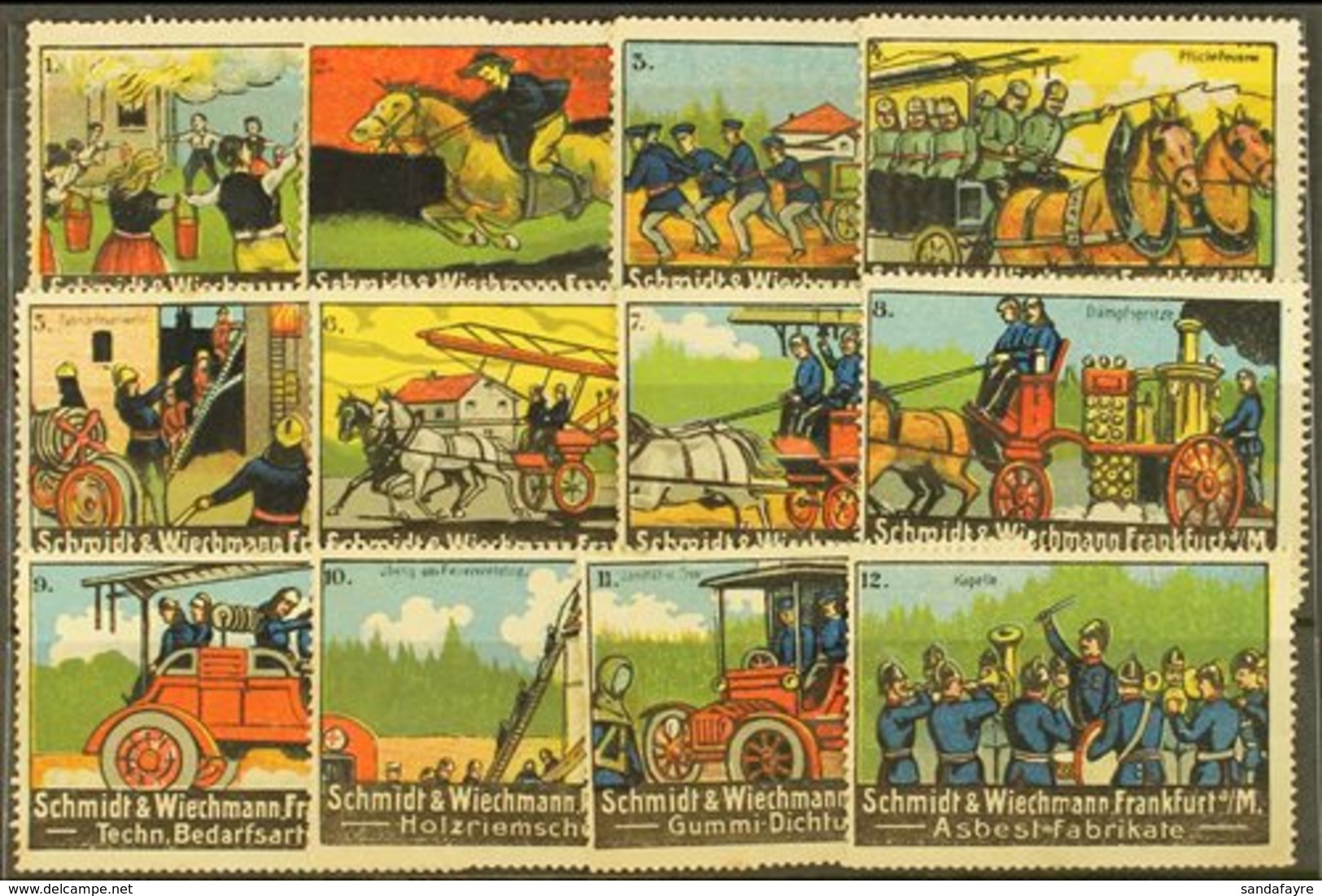 1910-14 Schmidt & Wiechmann Firefighting Set Of Coloured Labels Numbered 1 To 12. Interesting, Generally Good Condition  - Autres & Non Classés