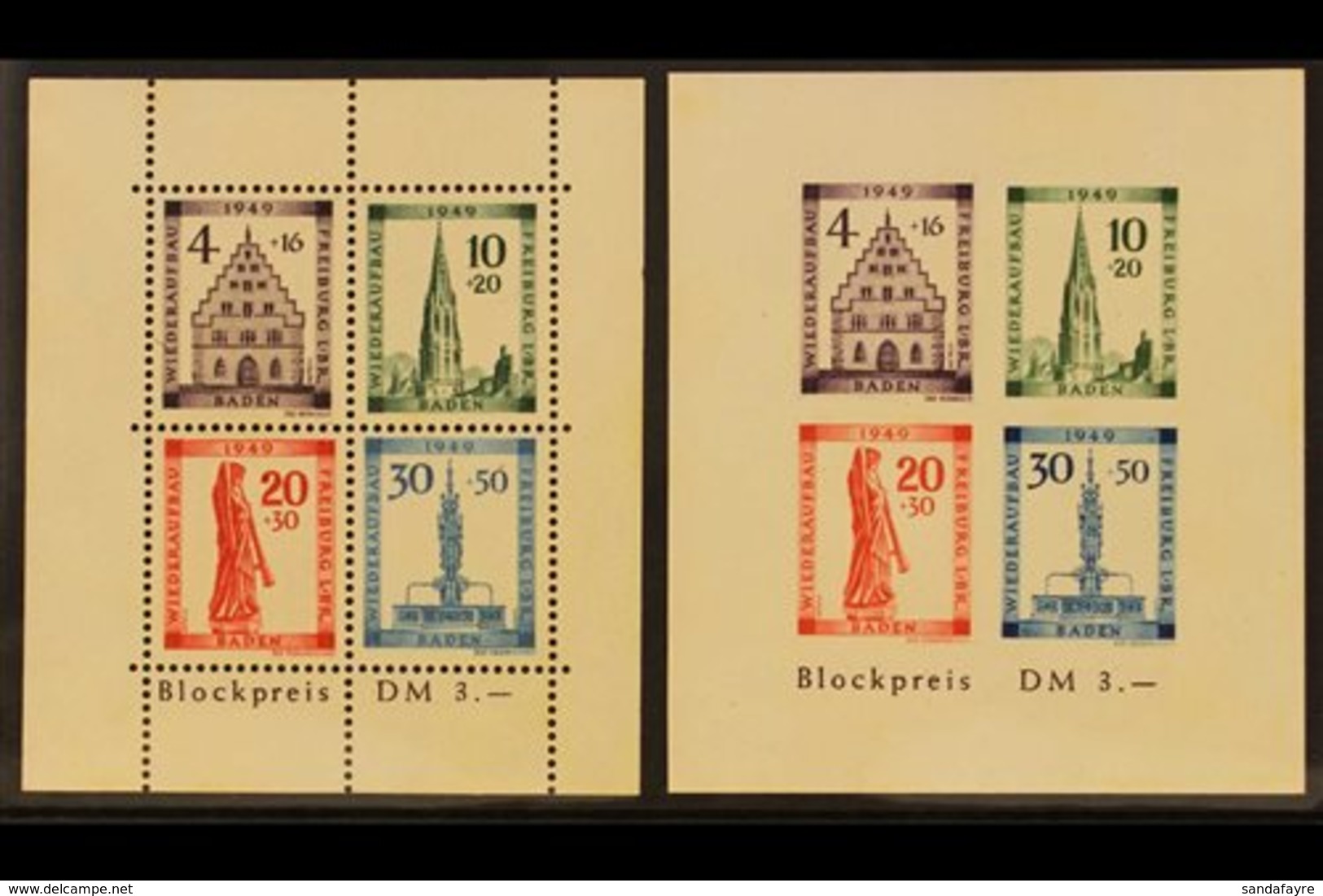 FRENCH ZONE BADEN 1949 Freiburg Rebuilding Fund Both Miniature Sheets (Michel Blocks 1 A/B, SG MSFB41a/b), Never Hinged  - Sonstige & Ohne Zuordnung