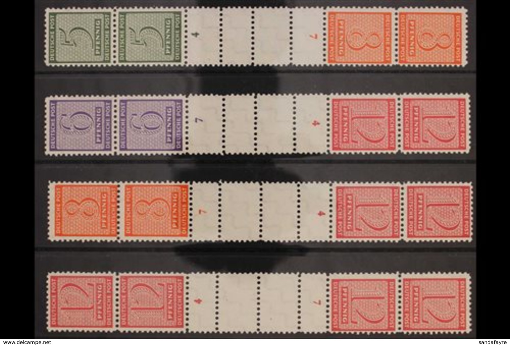 RUSSIAN ZONE WEST SAXONY 1945 (Oct) Numerals Vertical SE-TENANT GUTTER PERF STRIPS Of 4, Michel SK Zd 5/8, Never Hinged  - Autres & Non Classés